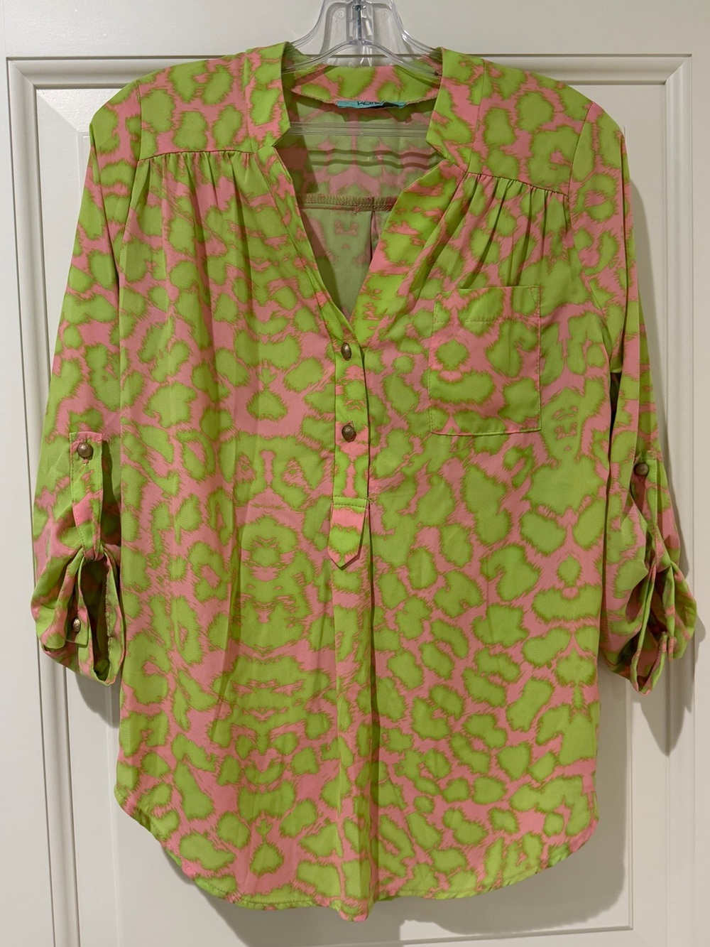 Karlie Pink Lime Green Print Roll Tab Sleeve Blouse Size Small